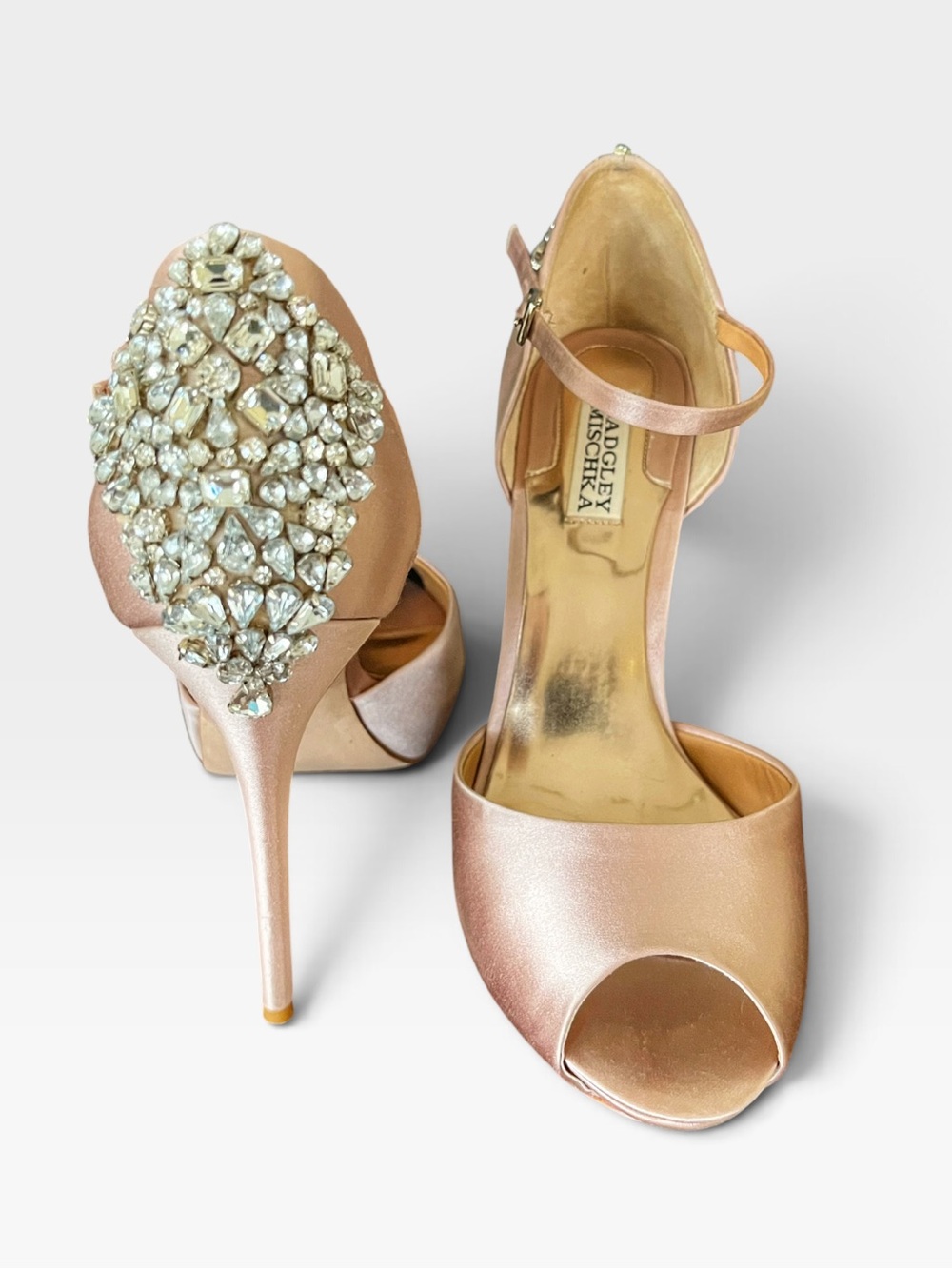 Badgley Mischka Blush Satin Crystal Peep Toe Bridal Heels Size 9